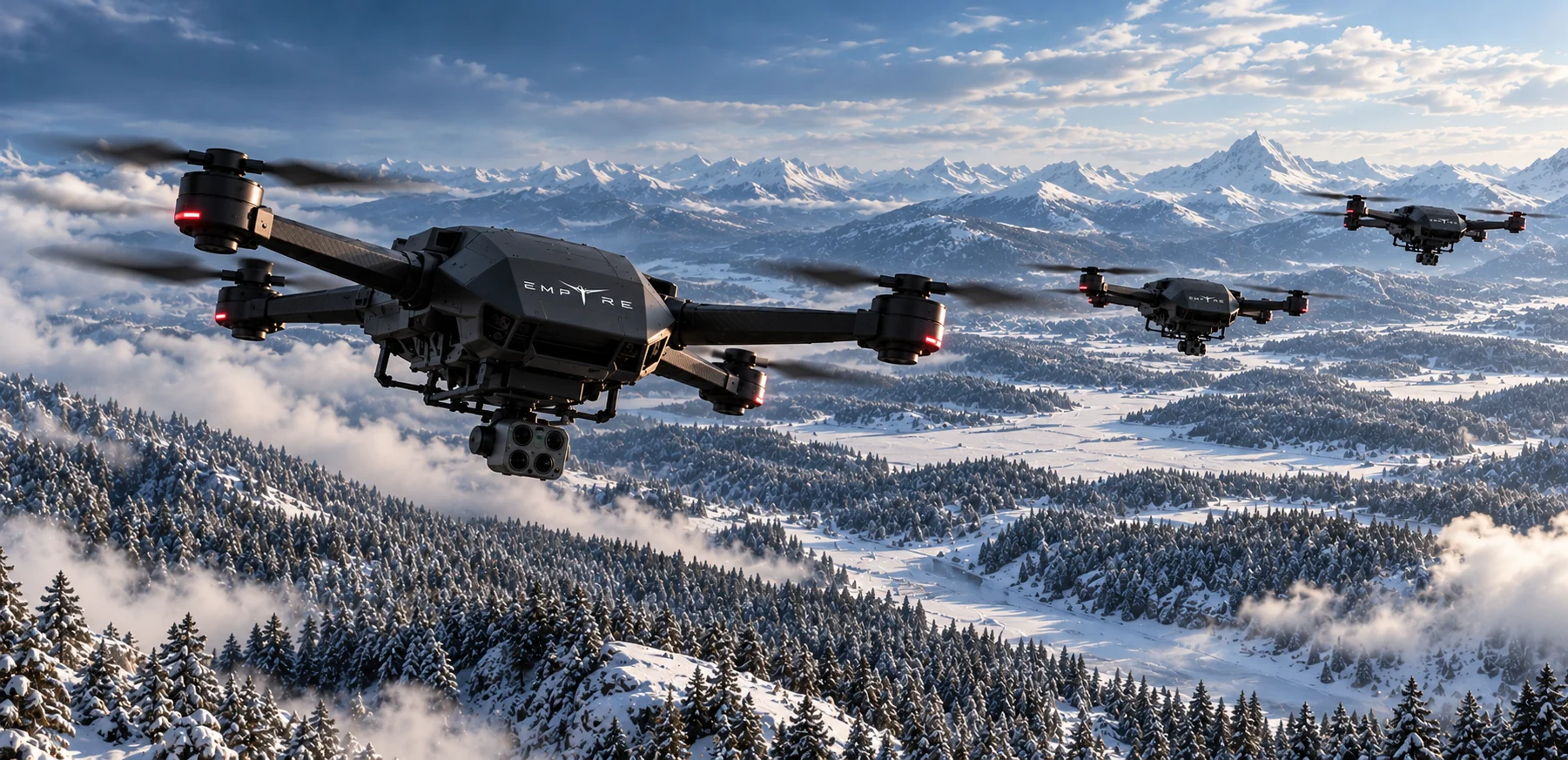 Empyre drones over snowy wilderness